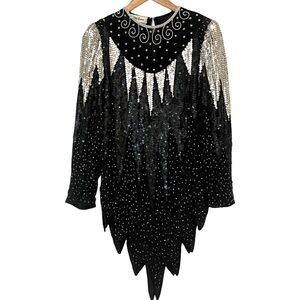 Vintage Saks Fifth Avenue Silver Black Sequin Beaded Top Small